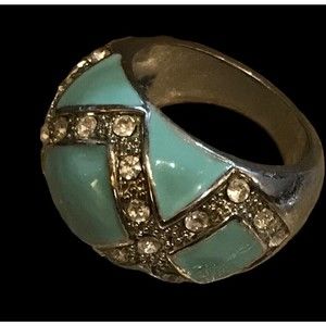 Faux Turquoise and Rhinestones Ring Abstract Design